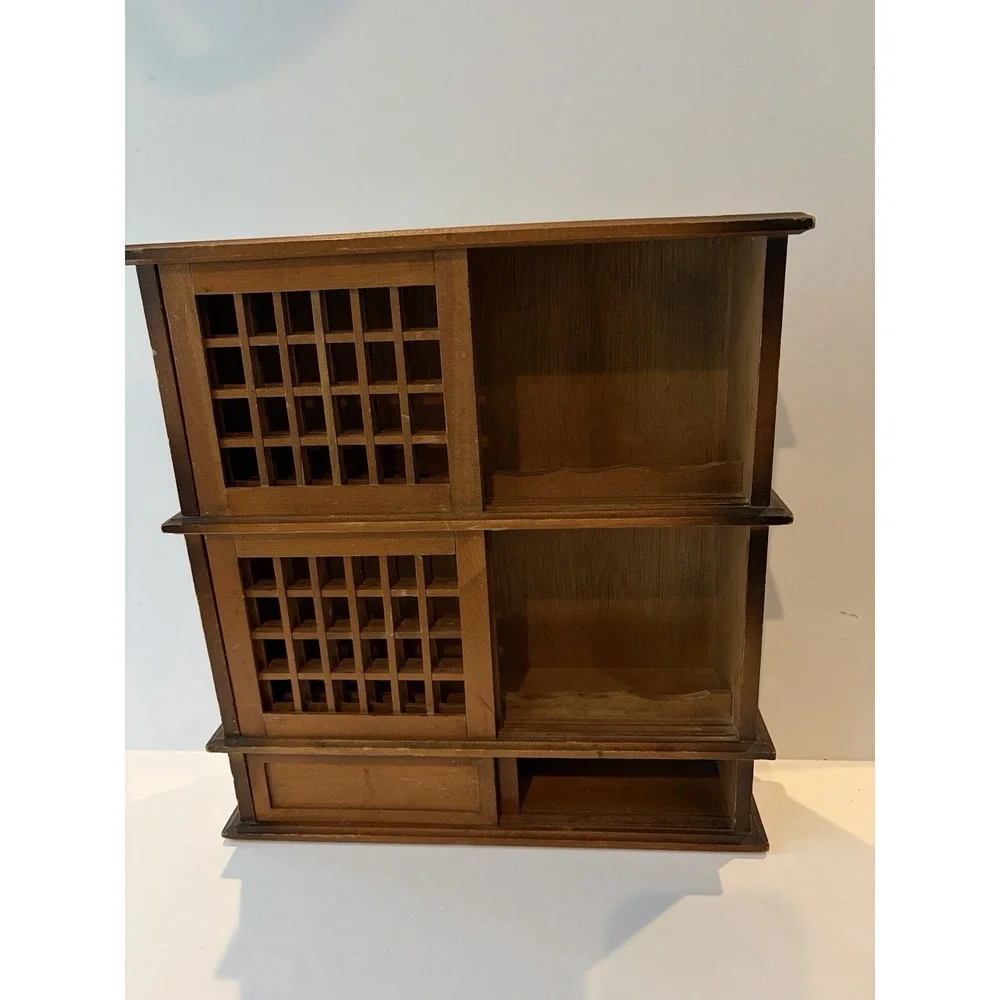 Japanese Tansu Style Display Cabinet Wood Lattice Sliding Doors Shelf